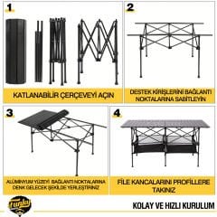 FUNKY CHAIRS Family XXL Katlanabilir Alüminyum Kamp Masası (140x55x68cm) - Siyah