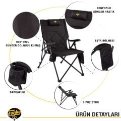 FUNKY CHAIRS Comfort 3 Kademeli Katlanabilir Kamp Sandalyesi - Siyah