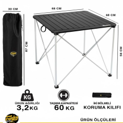 FUNKY CHAIRS Titanium Katlanabilir Çantalı Alüminyum Kamp ve Piknik Masası 68*68*57 - Siyah