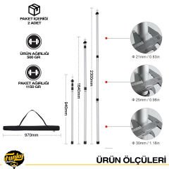 FUNKY CHAIRS 2 Adet Ayarlanabilir Teleskopik Alüminyum Tarp Tente Çadır Direği 230 cm